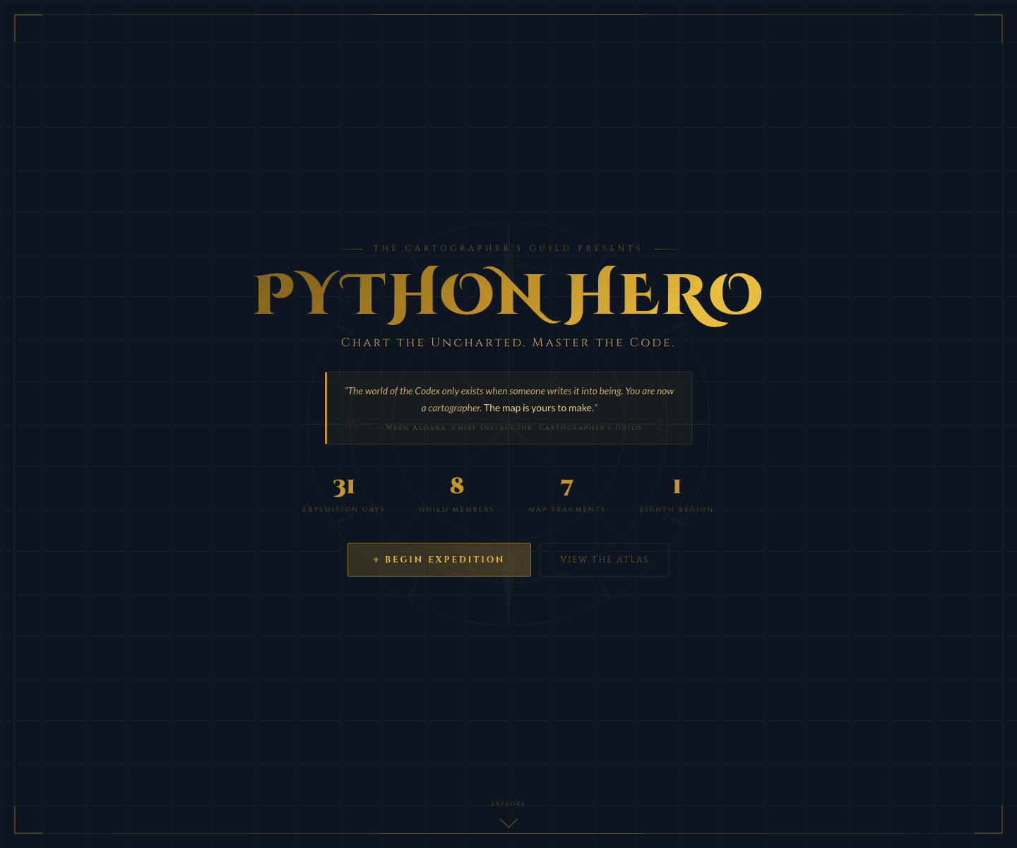 Private build screenshot of the Python Hero course world in CodeSaga