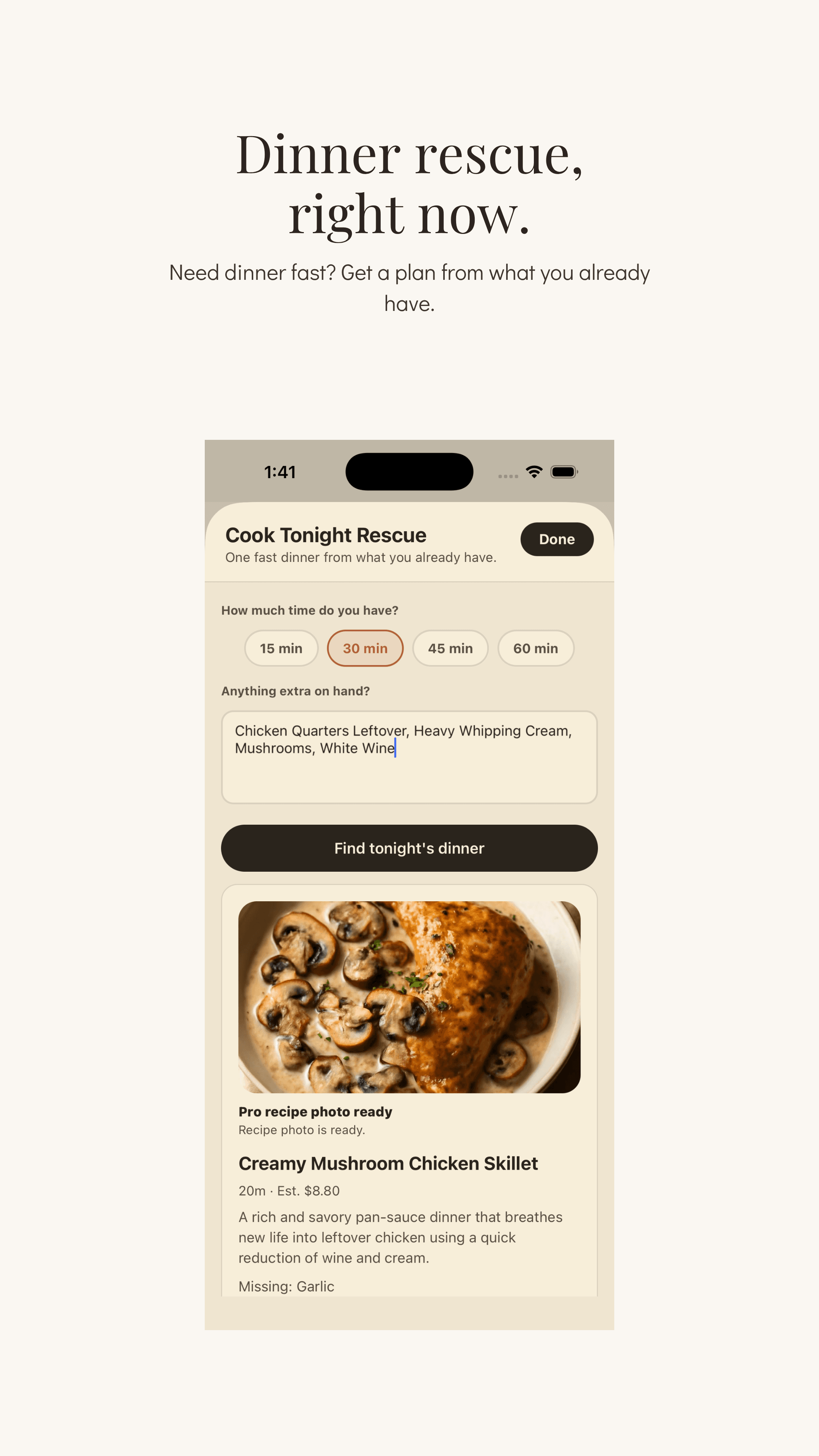 Mise Cook Tonight Rescue screen for generating dinner from ingredients on hand