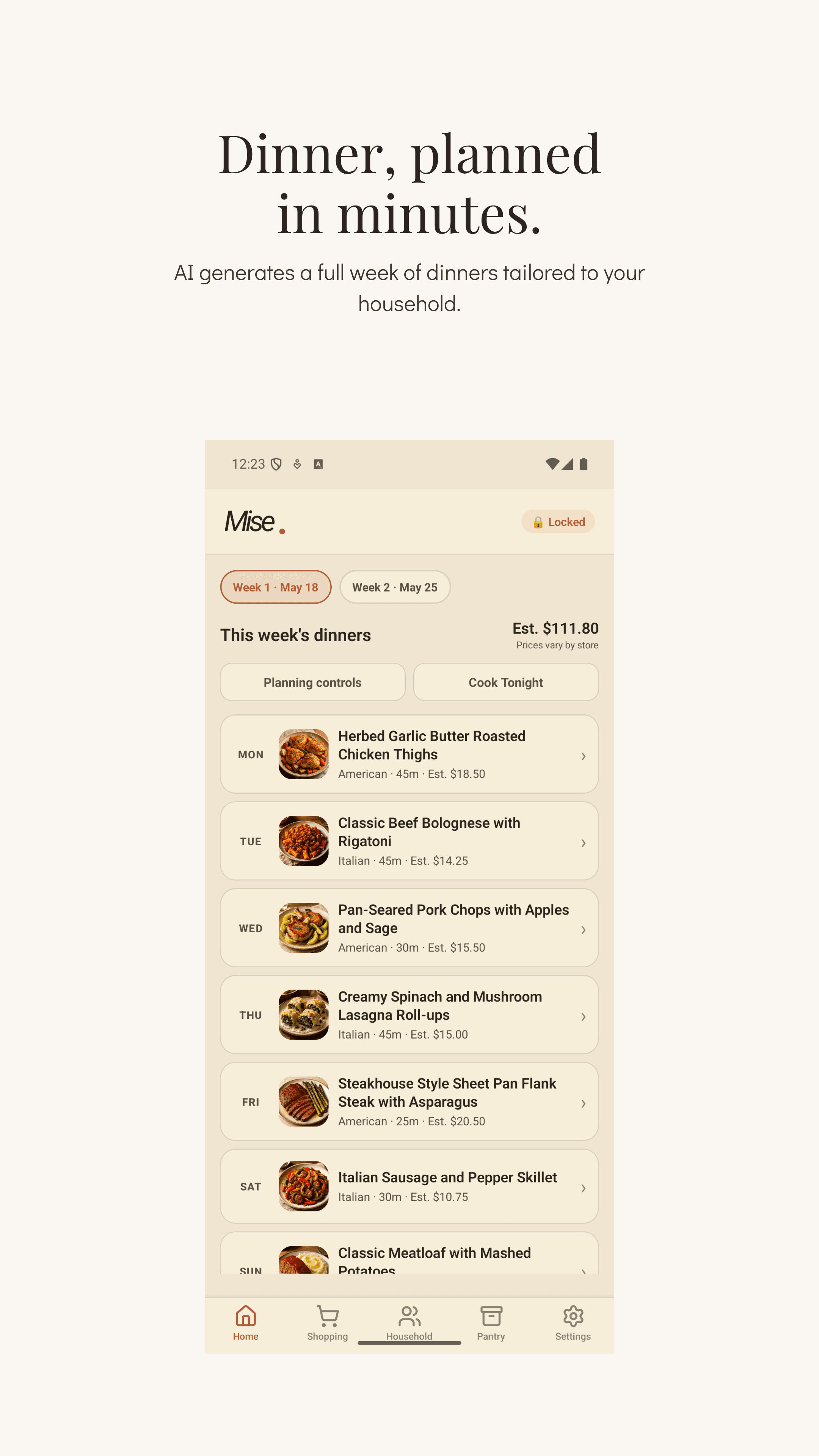 Mise mobile weekly dinner plan screen